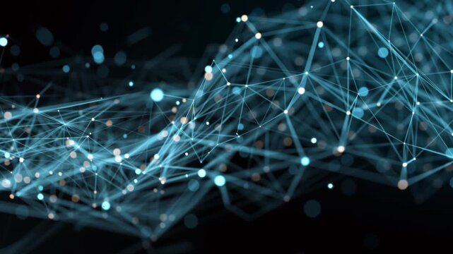 Digital data web with connected network nodes symbolizing IoT, global connectivity and futuristic technology