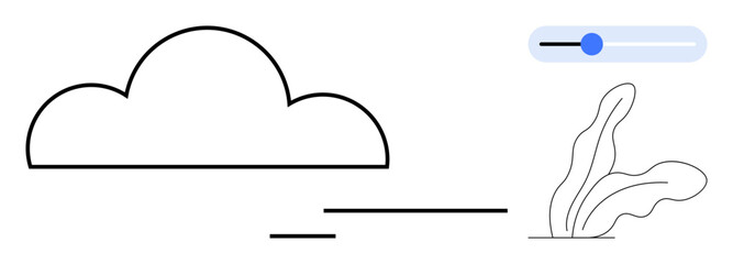 Abstract cloud outline with a slider control suggesting adjustability, coupled with minimalist plant shapes. Ideal for weather, customization, environment, simplicity, digital control, modernity
