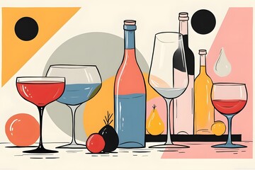 pop art freak cubism Abstract still life in pastel color Hand drawn glasses, wine, drops, champagne, alcohol, cocktail