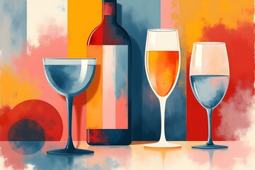 pop art freak cubism Abstract still life in pastel colors Hand drawn glasses, wine, drops, champagne, alcohol, cocktail