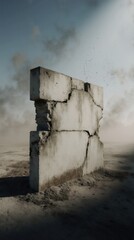 Dramatic image of a cracked concrete wall in a desolate landscape, symbolizing conflict, war ruins, and resilience—ideal for commercial and editorial projects