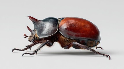Profile view of a large reddish-brown beetle with a prominent horn on its head, set against a plain white background.  Its legs and body are detailed, showcasing its exoskeleton texture