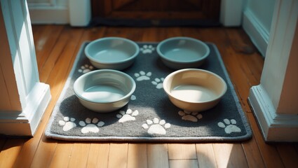 Four empty pet bowls on a paw print mat inside the house.