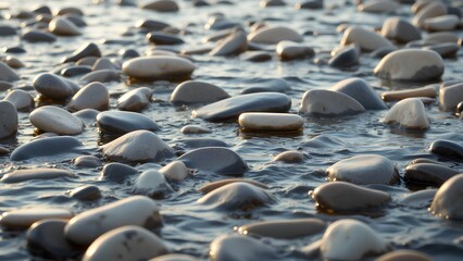 Obraz premium A serene view of smooth pebbles partially submerged in clear water, reflecting light and creating a tranquil atmosphere.