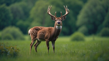 A deer with antlers standing in a green field with blurry trees in the background. Natural wildlife scene. Forest animals and wilderness. The serenity of nature.