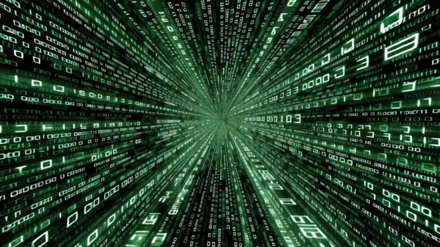 Futuristic matrix data tunnel with glowing digital code and flowing information streams