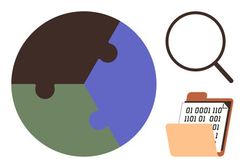 Puzzle-shaped globe with magnifying glass and binary-filled folder representing research, problem-solving, data exploration, global connection, digital analysis, teamwork, and innovation. Ideal