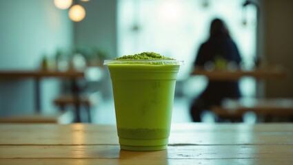 A green layered beverage on a wooden table with a blurred person in the background. Refreshing drink and cafe setting. Beverages and relaxing atmosphere. The concept of refreshment and leisure.