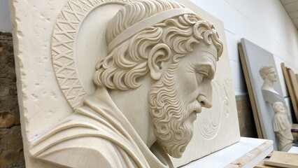 Naklejka premium A detailed, three-dimensional carving of a bearded man's profile stands out against a textured