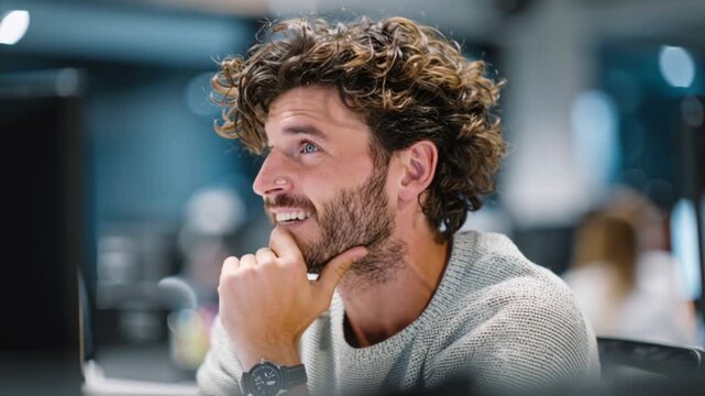 Businessman in office thinking creatively about marketing strategy and new business ideas