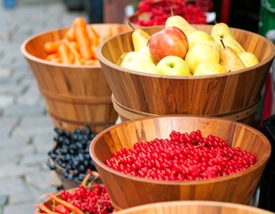 Naklejka premium Fresh fruits and vegetables in wooden bowls