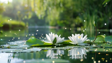 White lotus flowers blooming gracefully on tranquil water with green lily pads, symbolizing peace, purity, and spiritual harmony