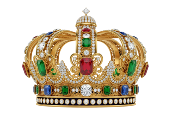 Luxurious gold crown adorned with emerald, ruby, sapphire, and diamond gemstones showcasing regal
