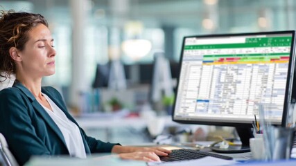 Businesswoman analyzing financial data on paper while comparing numbers with Excel spreadsheet on computer screen - Powered by Adobe