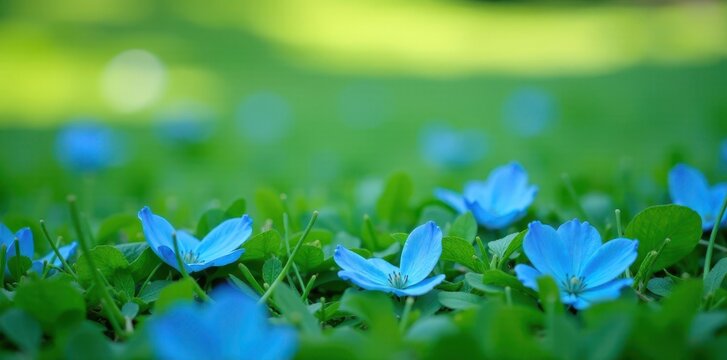 Delicate blue rose petals scattered on a soft grassy background, blue blooms, wildflowers, flowers in field