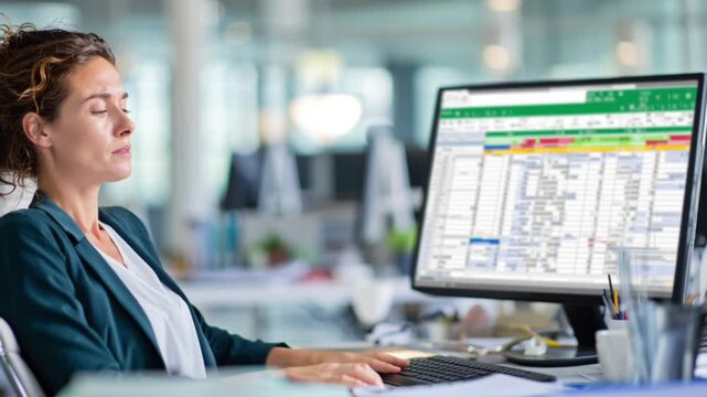 Businesswoman analyzing financial data on paper while comparing numbers with Excel spreadsheet on computer screen