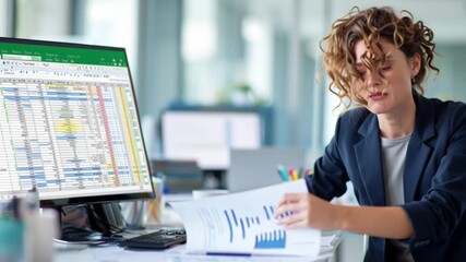 Businesswoman analyzing financial data on paper while comparing numbers with Excel spreadsheet on laptop - Powered by Adobe