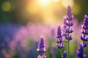 Obraz premium Gentle lavender particles illuminated by sunlight, peaceful atmosphere, gentle glow, sunlight illumination