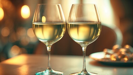 Two glasses of white wine on a table in a warmly lit setting.