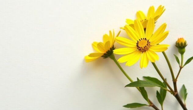 Yellow euryops pectinatus on a plain white surface, flowers, blossom