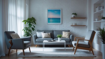 Fototapeta premium A modern living room with a blue sofa, armchairs, green plant, wall art, and shelves, creating a cozy and stylish space with natural light.