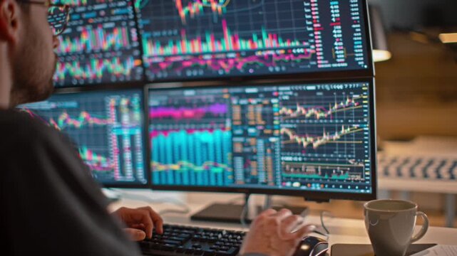 Trading floor setup with multiple computer monitors showing stock market charts and financial data