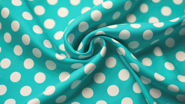 Bright turquoise fabric with white polka dots, gently twisted and flowing. Patterned textile in vibrant color with a playful pattern.