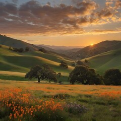 "Sunset Over Rolling Hills with Wildflowers, Oak Tree Silhouette, and Snow-Capped Mountains – Peaceful Nature Photography."