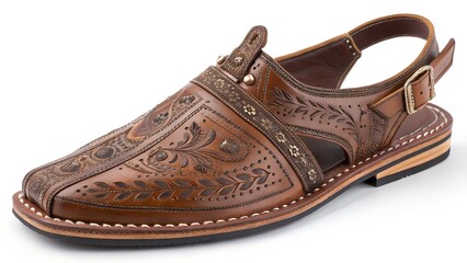 Fototapeta premium A single brown leather Peshawari chappal, a traditional sanda