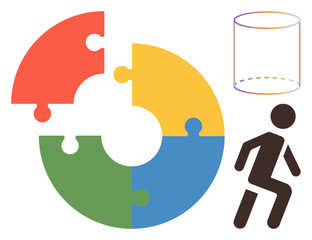 Four-color segmented circular puzzle, simple human figure stepping forward, translucent outlined cylinder shape. Ideal for teamwork, innovation, strategy, movement, connection, goals creative