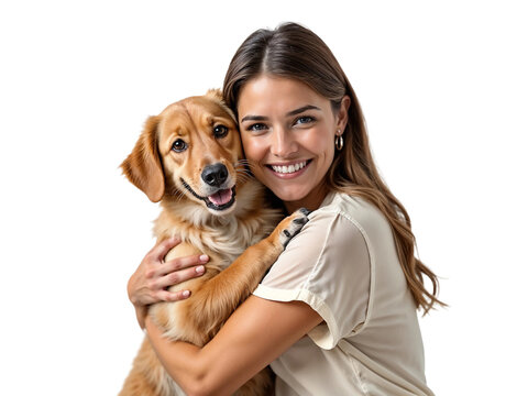 Beautiful women hugging cute dog with smile and happiness isolated on transparent background