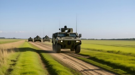 Fototapeta premium Military armored vehicles advance on dusty road through vibrant green fields under clear blue sky