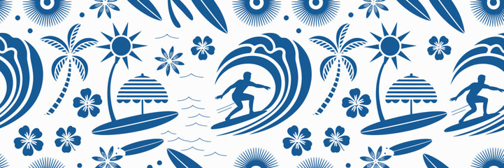 A beautifully crafted depiction of a surfer in motion riding a large wave, surrounded by palm trees, evoking the spirit of summer fun and adventure.