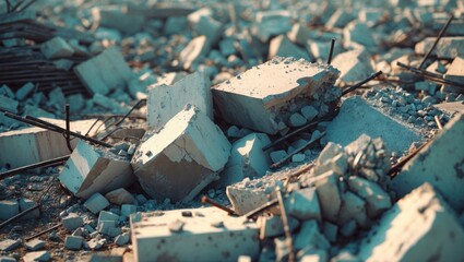 Debris and rubble from collapsed building with concrete blocks and steel rebar. Structural destruction and wreckage. Disaster aftermath and destruction scene.