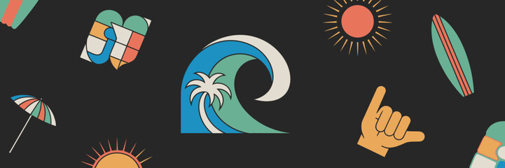 Featuring a dynamic wave and summer symbols, this image evokes a sense of adventure and joy, ideal for content related to surfing, vacations, and beach life.