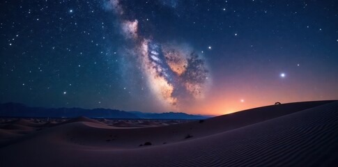 Dark sky with Milky Way above vast desert landscape, desert, night sky, universe
