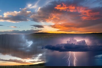 Dramatic sky with rain and lightning illuminating the landscape during a powerful storm at sunset