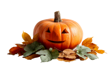 Festive jack o lantern with autumn leaves