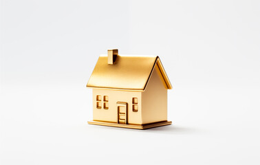 A small golden house figurine is placed on a plain white surface, reflecting light and emphasizing its shiny finish. The minimalist design highlights the houses features, such as windows and a door