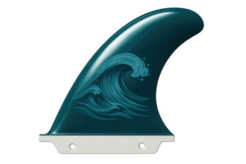 Close-up of a surfboard fin featuring a stylized ocean wave graphic, set against a transparent background