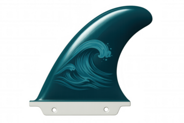 Close-up of a surfboard fin featuring a stylized ocean wave graphic, set against a transparent background