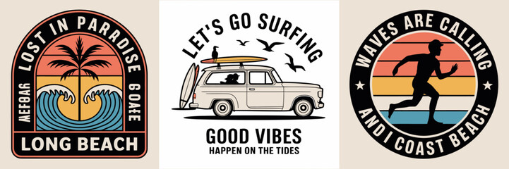 An engaging modern design featuring a surfing car graphic, portraying a message of freedom and adventure, ideal for beach and surf culture enthusiasts.