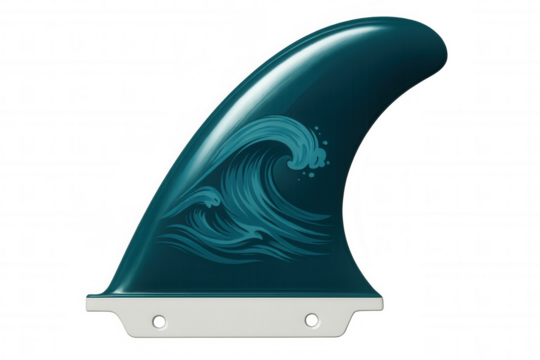 Close-up of a surfboard fin featuring a stylized ocean wave graphic, set against a transparent background