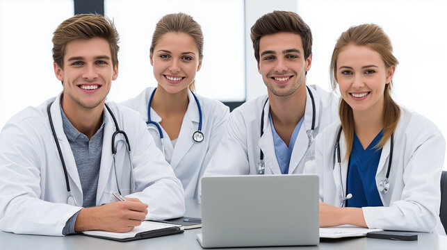 Group of medical students smiling together in bright classroom, showcasing teamwork and enthusiasm for healthcare education