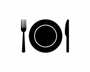 Black silhouette of a fork plate and knife isolated on white background