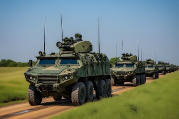 Military convoy of armored vehicles advances on dirt road under clear blue sky, showcasing defense power