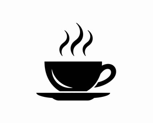 Obraz premium Black silhouette of a steaming coffee cup and saucer isolated on white background