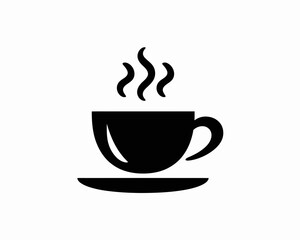 Black silhouette of a steaming coffee cup and saucer isolated on white background