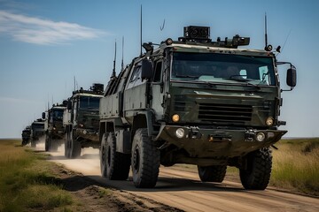 Fototapeta premium Powerful military trucks advance in formation on a dusty rural road under a bright blue sky