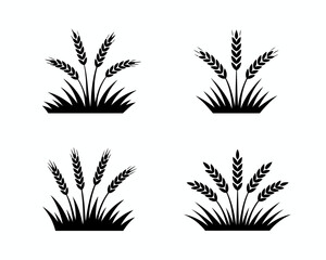 Four black wheat stalk silhouettes growing in grass isolated on white background